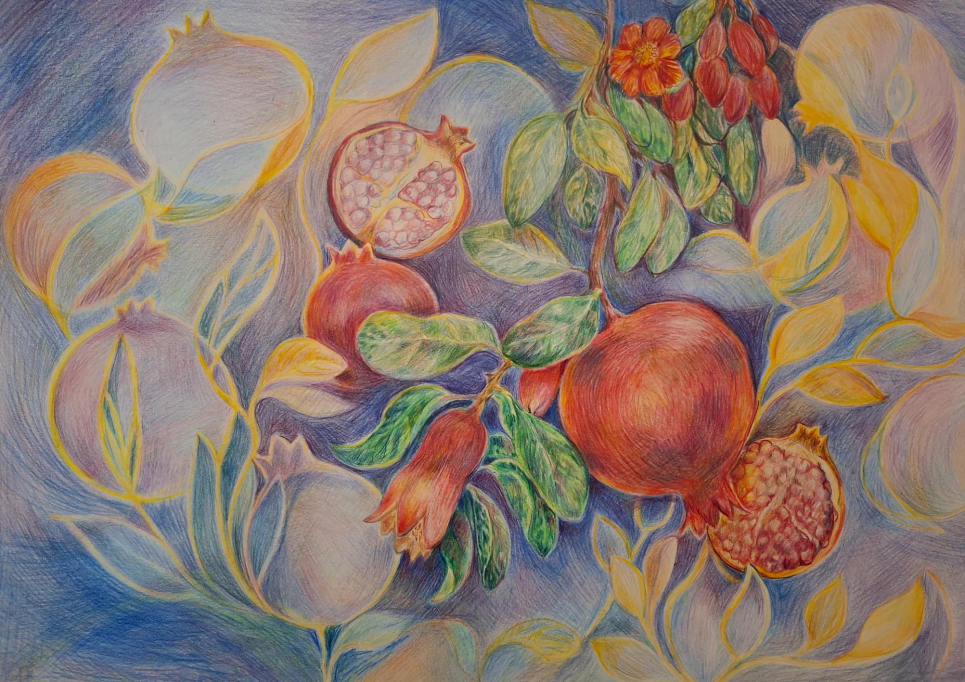 Pomegranates in a Blue Garden