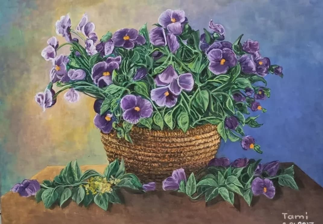 Purple Flowers in a Wicker Basket