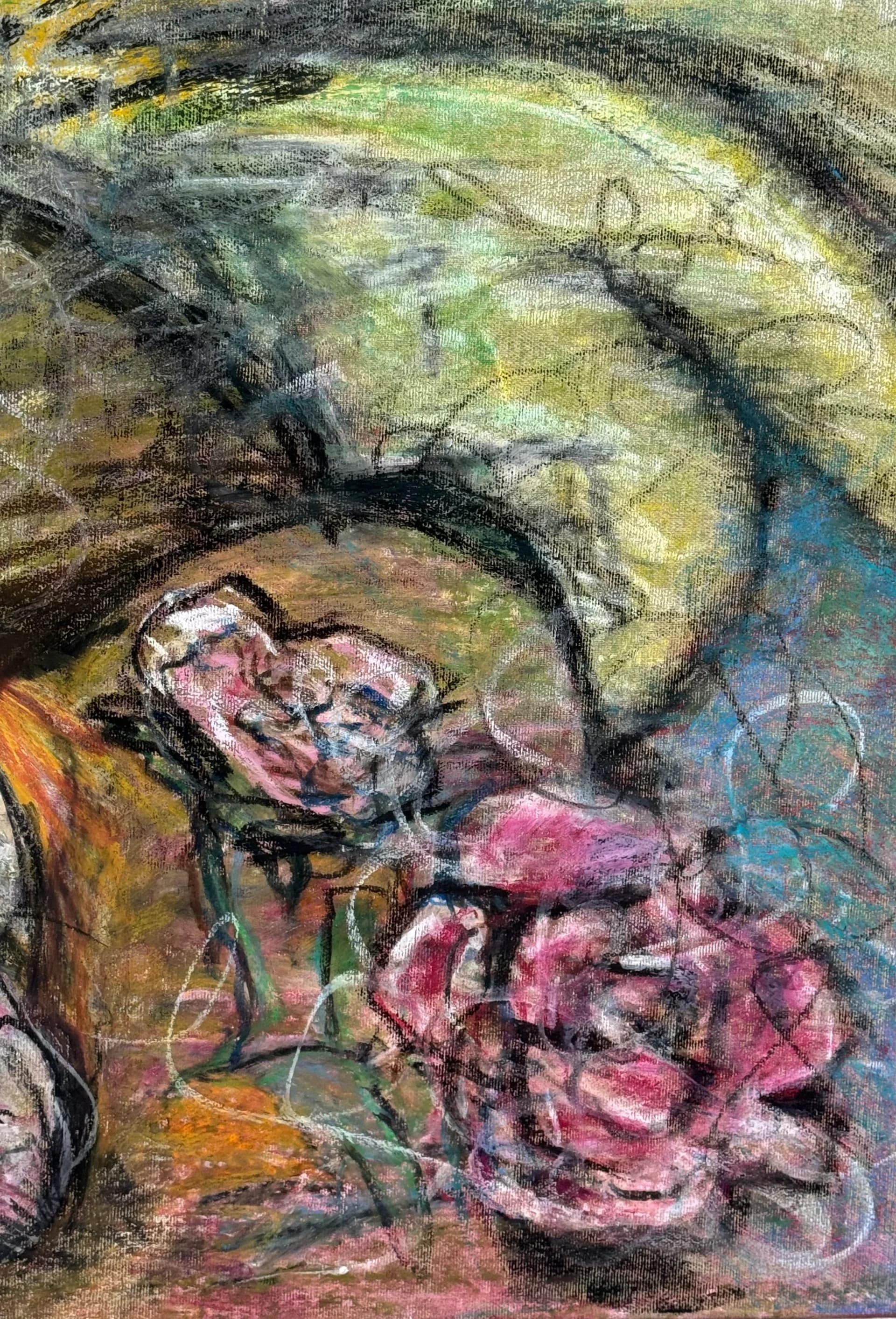 רגע מתוק - ציור בקו חופשי בגירי פסטל על קנווס, אוירה אופטימית 4