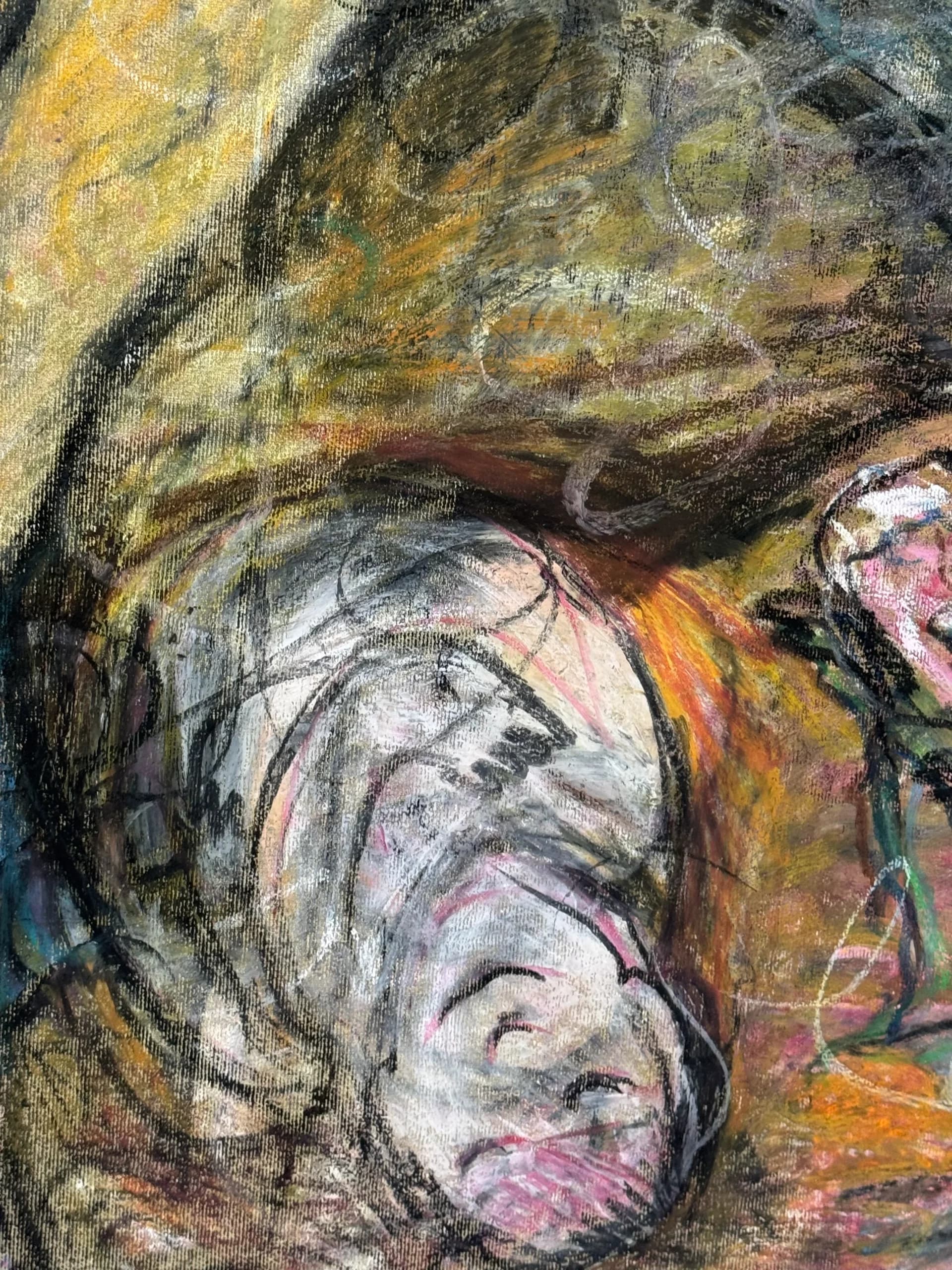 רגע מתוק - ציור בקו חופשי בגירי פסטל על קנווס, אוירה אופטימית 5