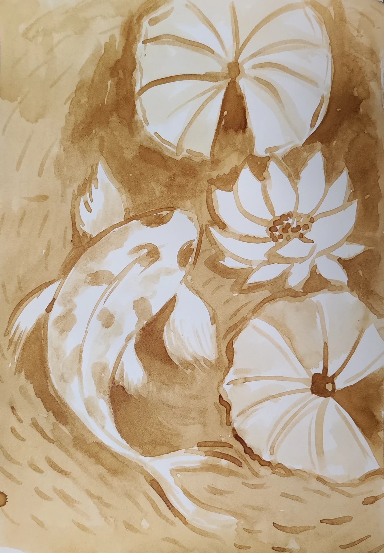 Koi Among Lotuses with coffee