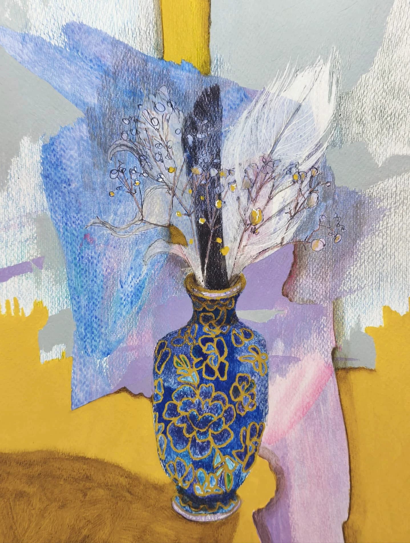 Blue Vase with White Feathers
