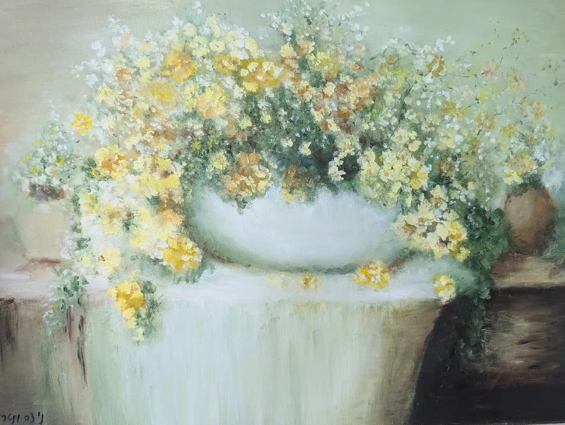 Yellow Blossoms in White Bowl
