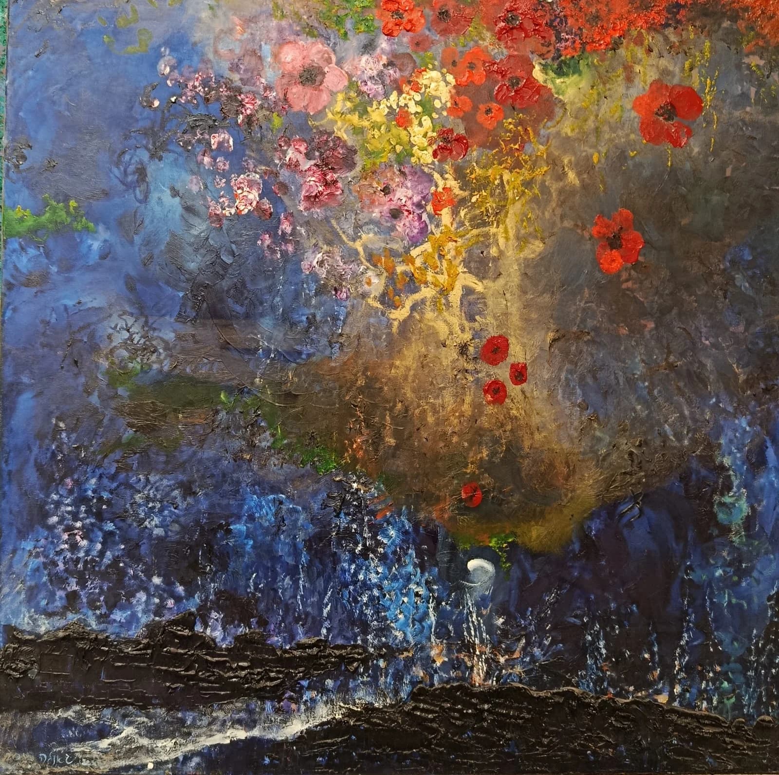 Crimson Blooms in Blue
