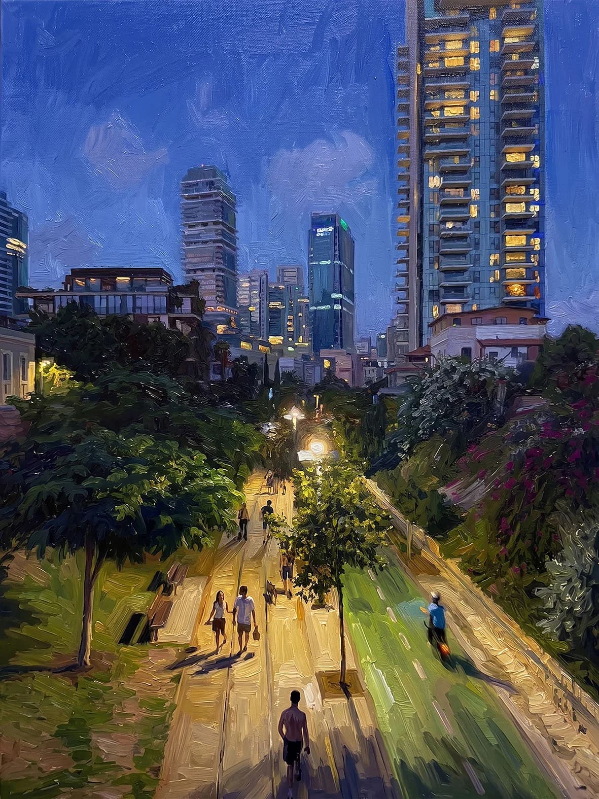 אנשים בפארק המסילה עם רדת החשיכה