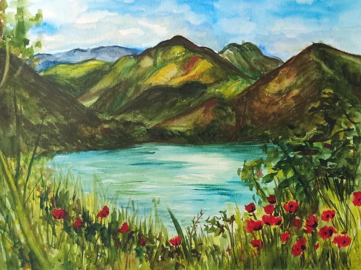 Poppies by the Mountain Lake