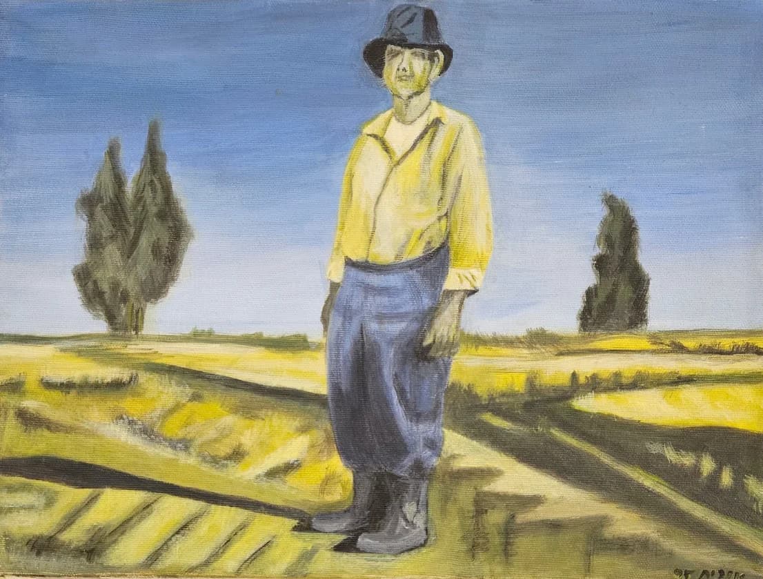 A farmer figure in the yellow field