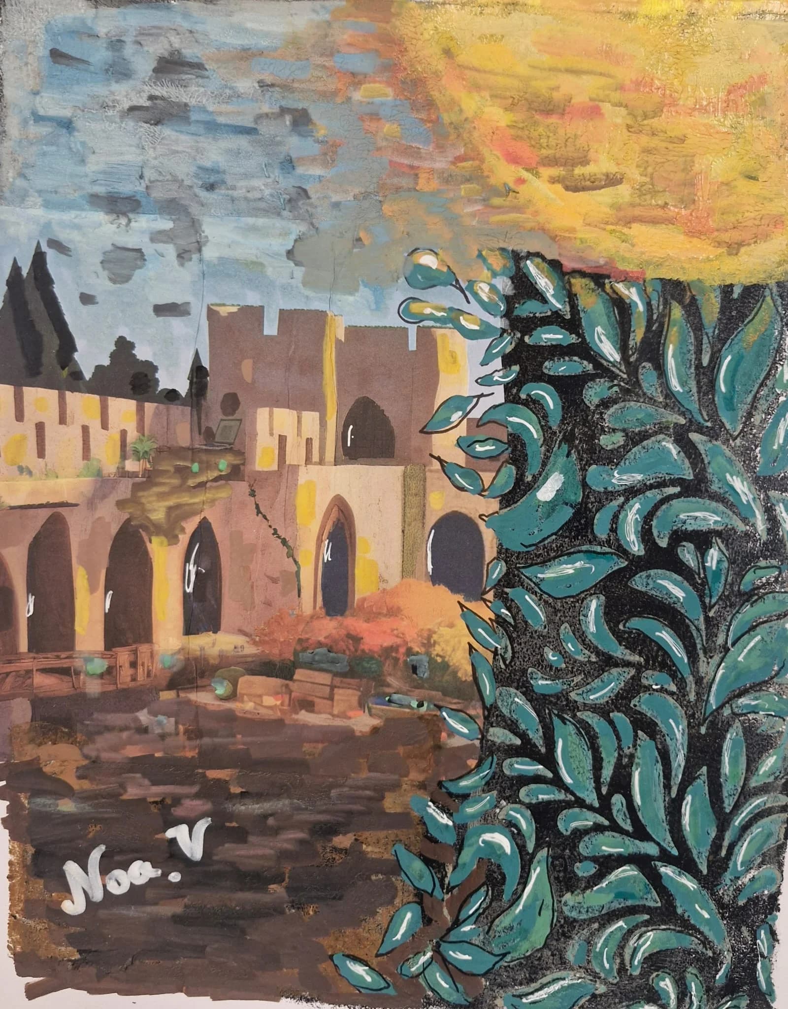 Arches Behind Teal Leaves