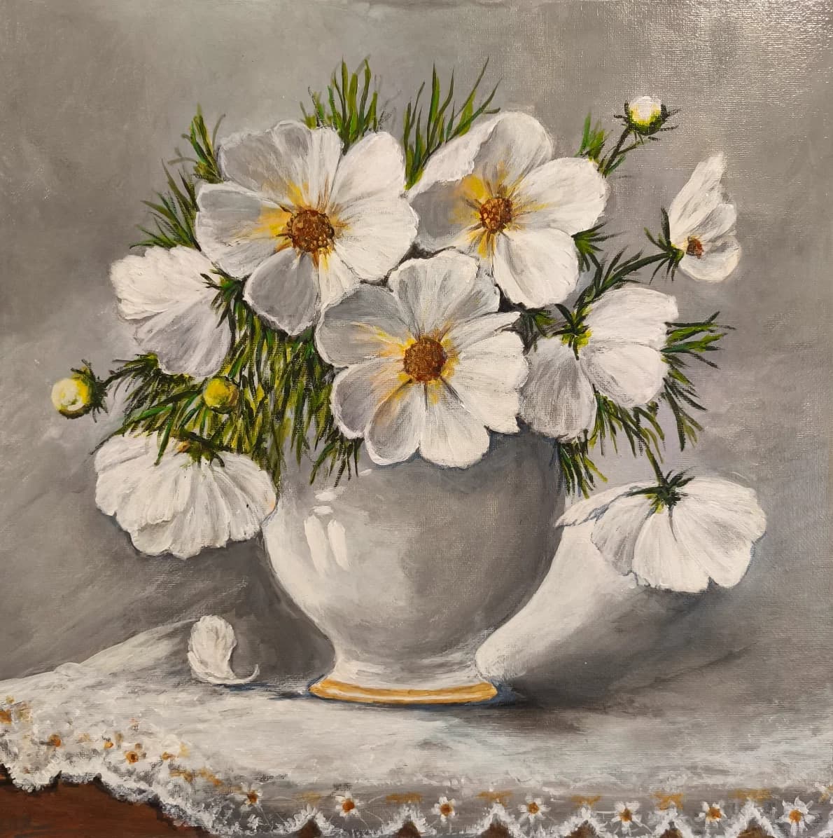 White Cosmos Against Soft Gray